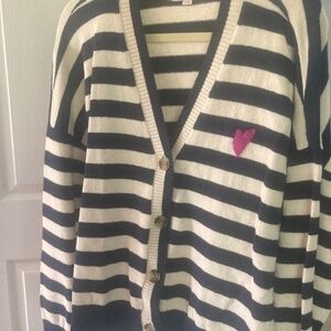 LOFT NAVY IVORY STRIPED V NECK CARDIGAN SOFT HEART SWEATER XL
